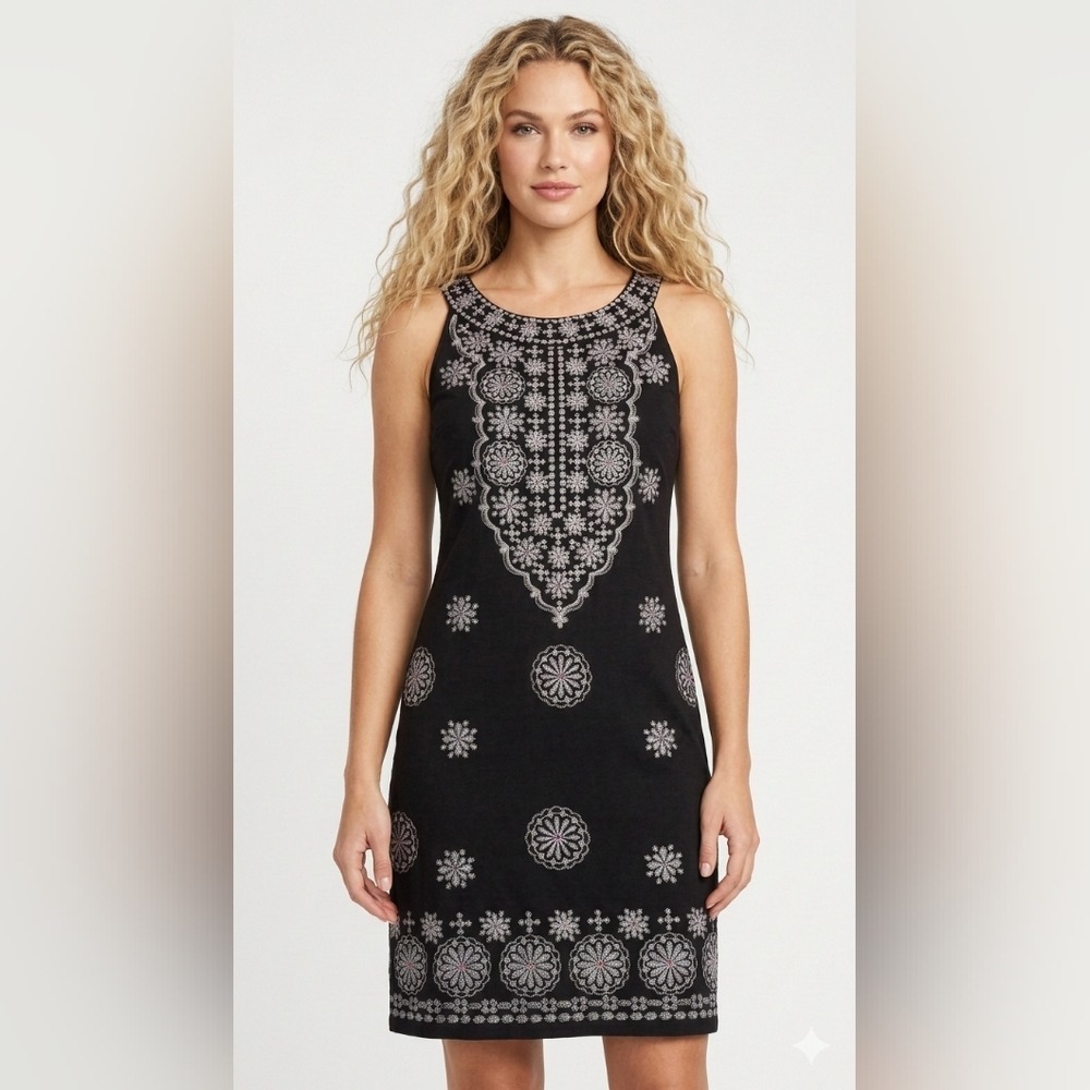 INC International Concepts Black Sleeveless Embroidered Shift Dress Size S